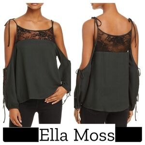 Ella Moss Catarina Lace Trim Tie Sleeve Green Top black trim, off shoulder